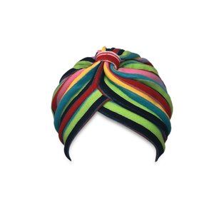 Dark Rainbow Terry Cloth-like Fabric Striped Hair Turban Bonnet